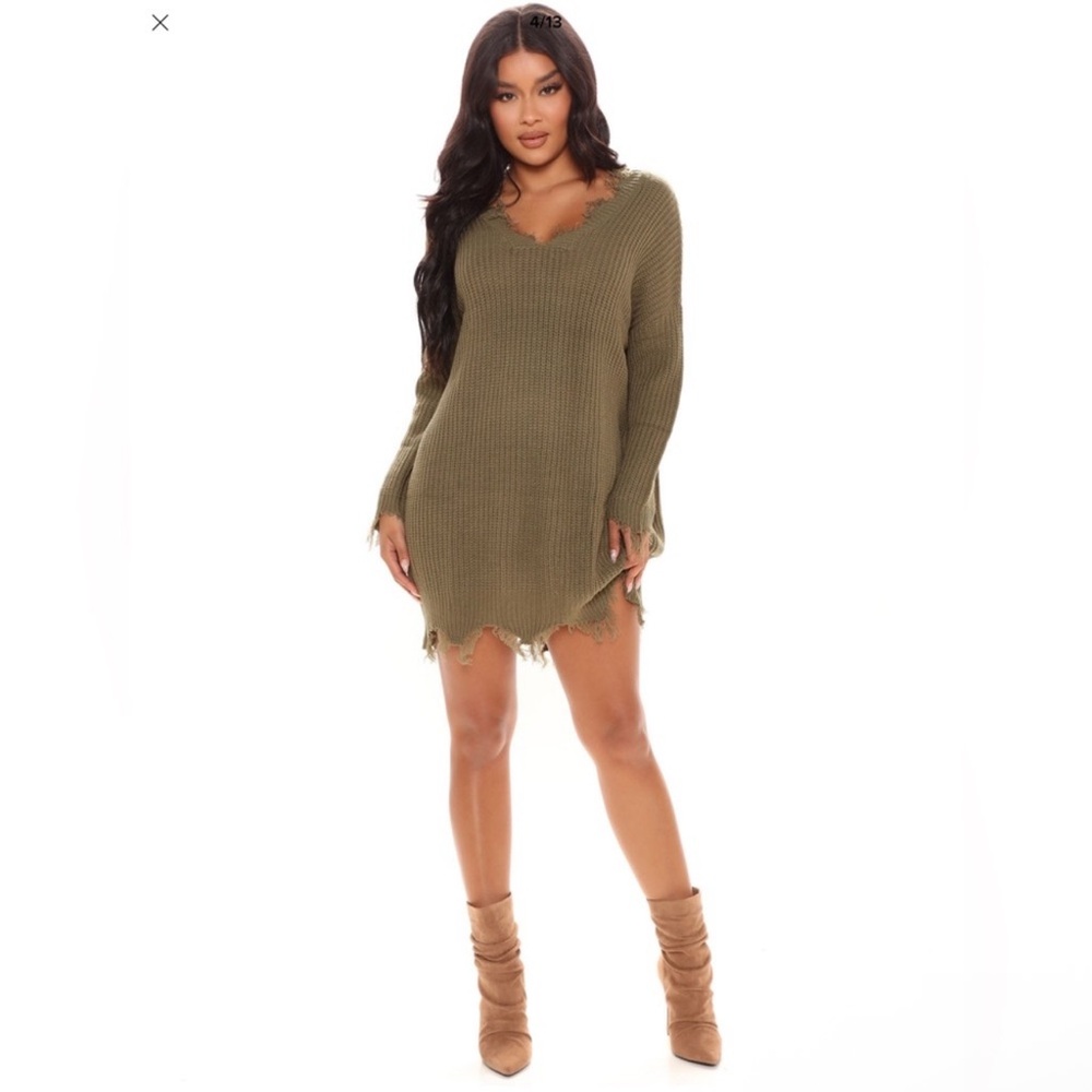 Olive Green Distressed Sweater Dress